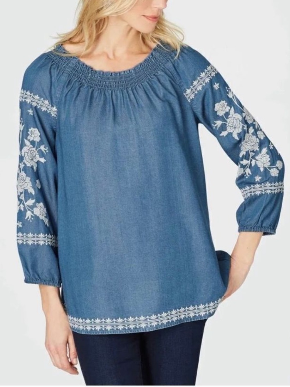 J. Jill Denim-Blue Embroidered Off-Shoulder Peasant Tunic Size Large